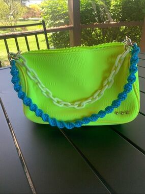 Neon Lime Shoulder Bag with Blue Braided Strap